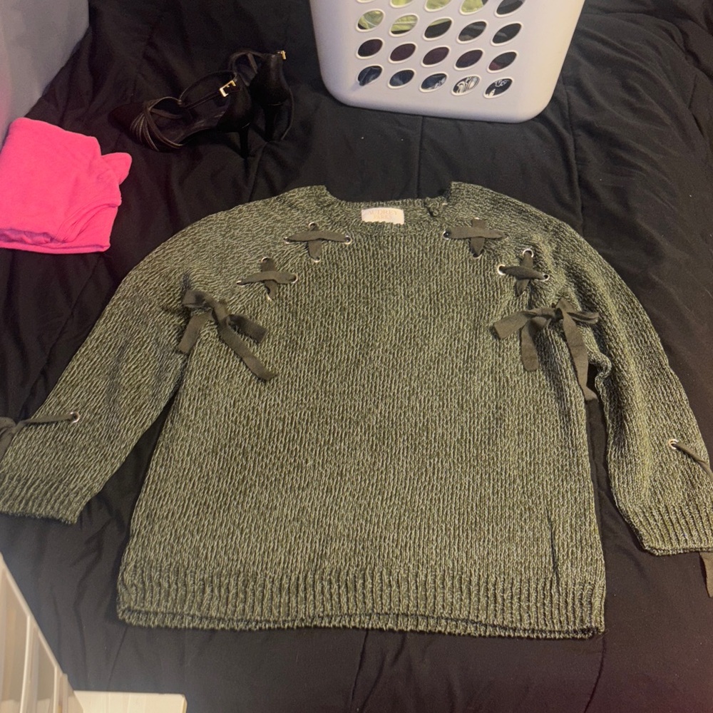 Elegant Charcoal Sweater with Ribbon Accents